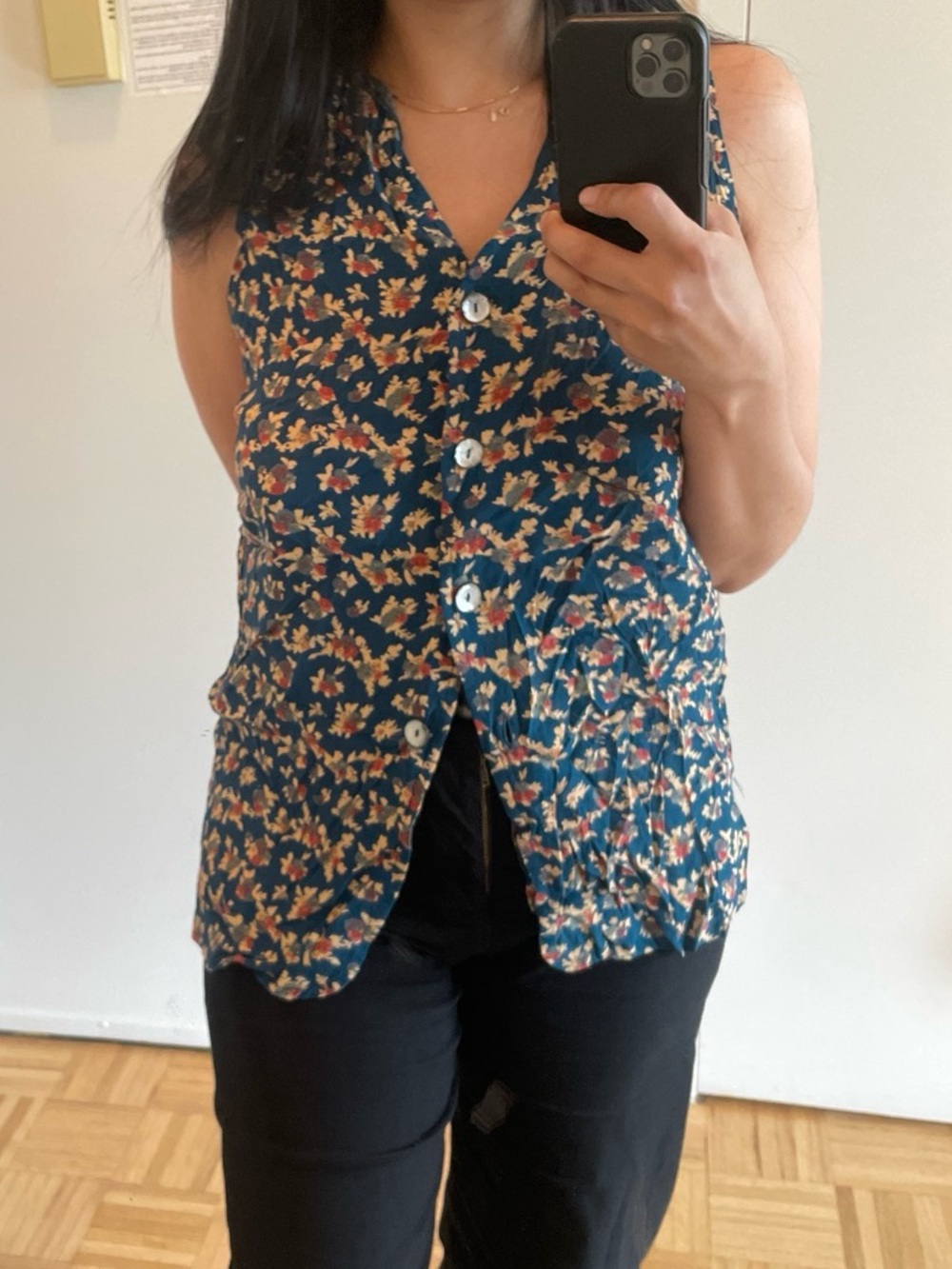 Floral Teal Women's Sleeveless Button Blouse
